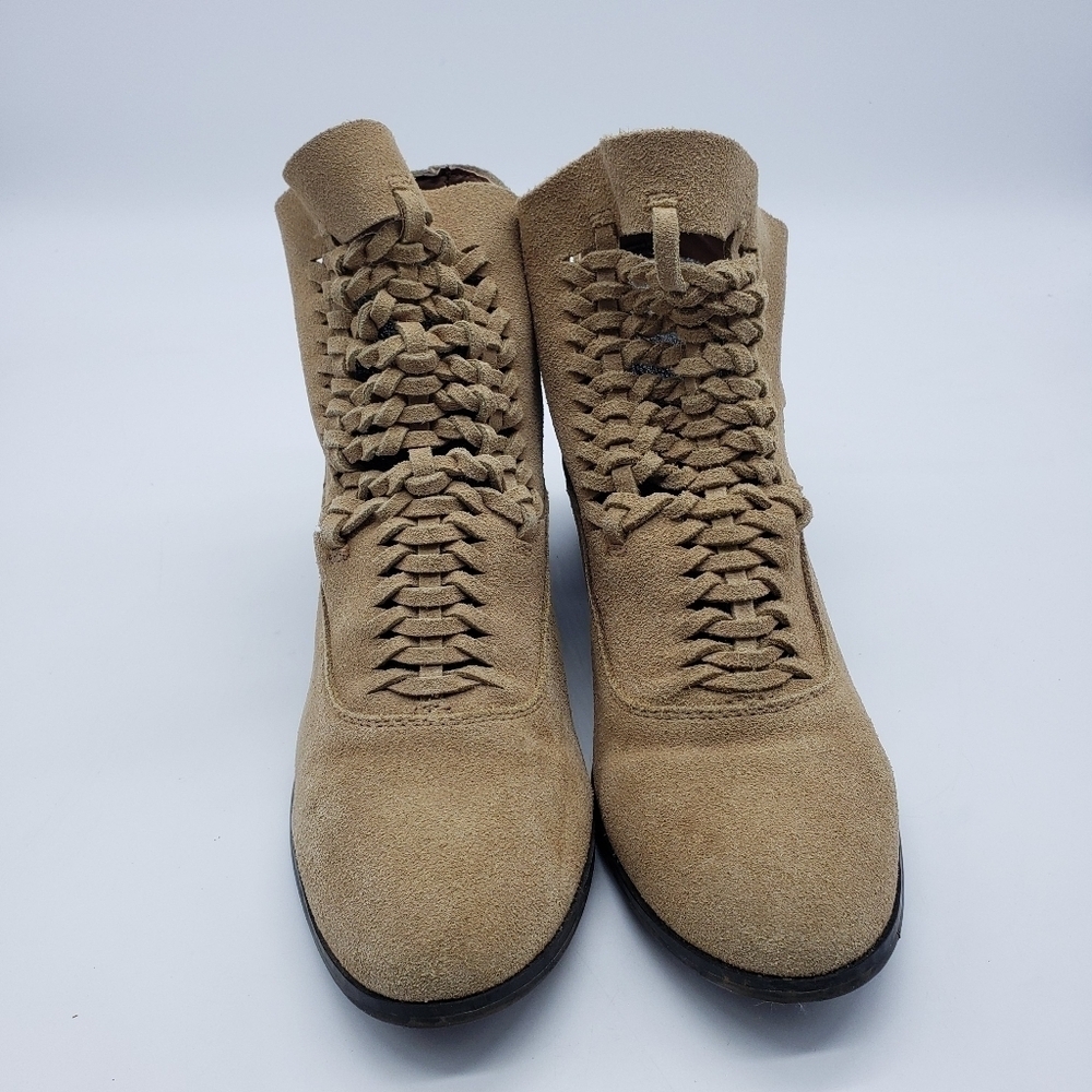 Plume by FarylRobin women US 9 DORAN tan suede ankle booties side snap woven - Picture 5 of 15
